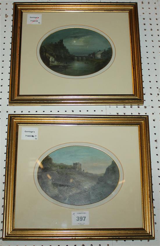 English school c.1840, pair watercolours, Barnard and Roslin castles